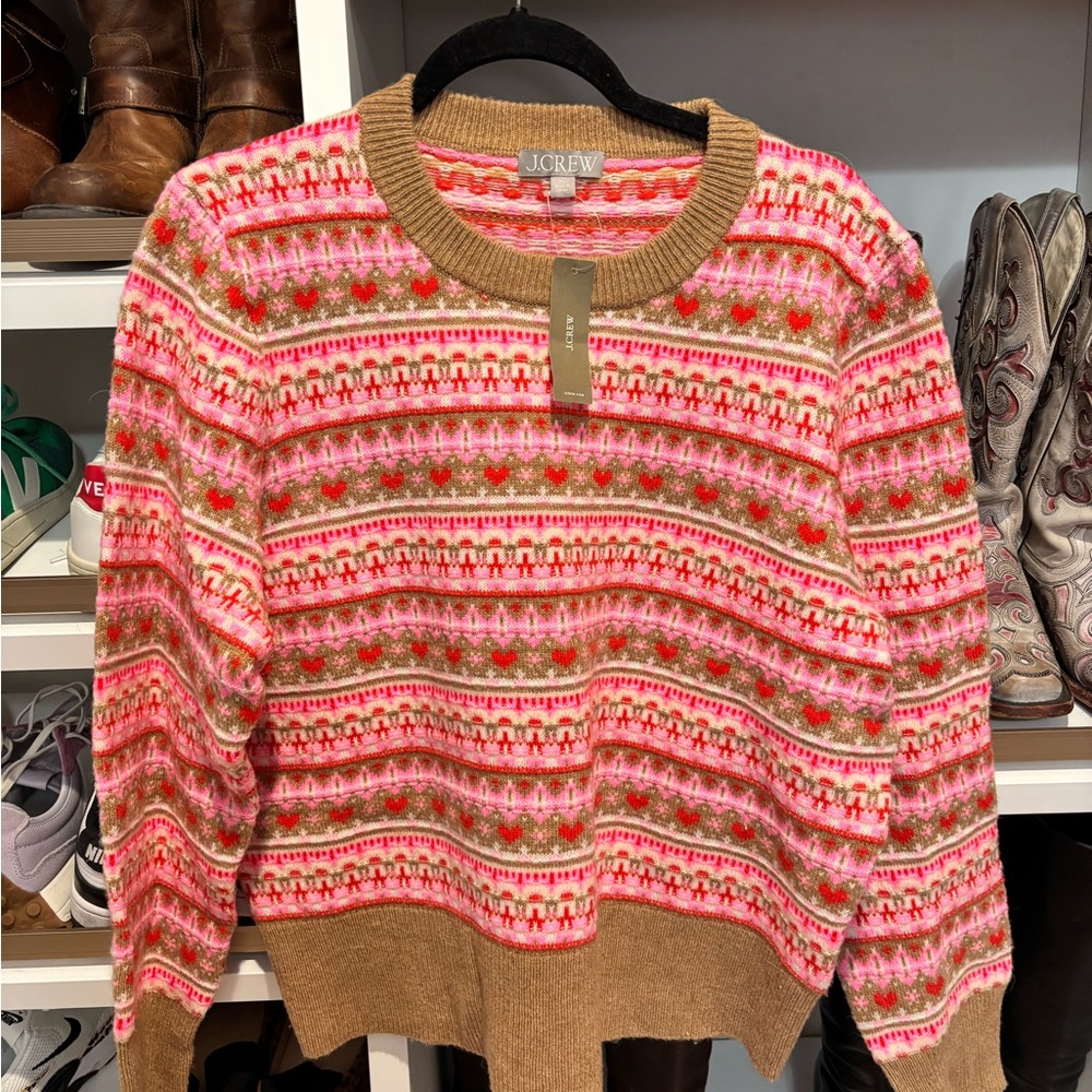 J. Crew Pink and Tan Crew Neck Sweater with Nordic Design